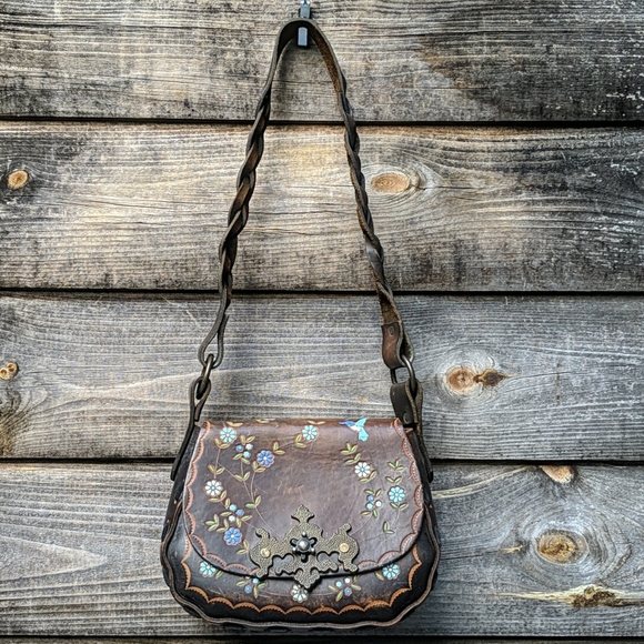 Vintage Handbags - Vintage Hand Tooled Painted Leather Bag